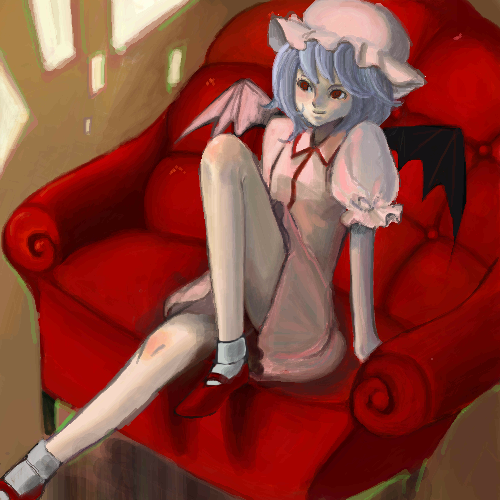 remilia scarlet, touhou, lowres, 1girl, blue hair, dress, female focus, hat, indoors, mob cap, socks, solo, white hat, wings
