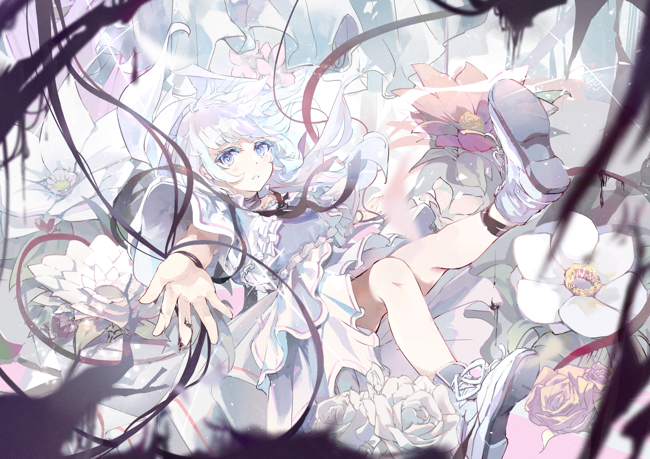 koomoi, original, highres, 1girl, ankle ribbon, black ribbon, capelet, falling, flower, frills, full body, grey shirt, high tops, knees up, leg ribbon, leg up, looking at viewer, medium skirt, neck ribbon, outstretched hand, overskirt, parted lips, pink flower, purple eyes, reaching, reaching towards viewer, ribbon, rose, shirt, shoe soles, shoes, skirt, sneakers, solo, spread fingers, white capelet, white flower, white hair, white overskirt, white shoes, white skirt, white theme