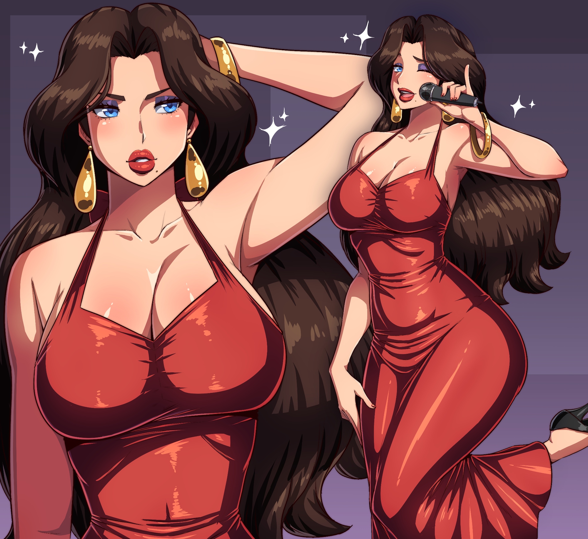 simmsy, pauline (mario), highres, 1girl, bare shoulders, bracelet, breasts, cleavage, collarbone, dress, earrings, halter dress, halterneck, holding, holding microphone, jewelry, large breasts, long hair, microphone, mole, multiple views, one eye closed, red dress, tight clothes, tight dress