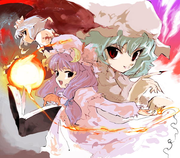 mo, shunsei (muratou), izayoi sakuya, patchouli knowledge, remilia scarlet, touhou, light purple hair, silver hair, 3girls, blue hair, book, crescent, female focus, fingernails, fire, hat, magic, multiple girls, nail polish, open mouth, profile, red eyes, serious, sharp fingernails, short hair, smile