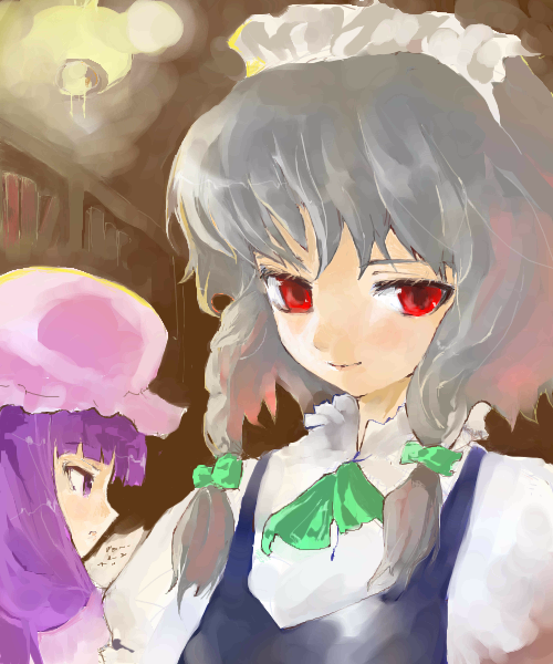 mo, shunsei (muratou), izayoi sakuya, patchouli knowledge, touhou, silver hair, striped, 2girls, blue dress, blunt bangs, braid, dress, female focus, frills, hat, jitome, looking at viewer, maid headdress, mob cap, multiple girls, puffy short sleeves, puffy sleeves, purple eyes, purple hair, red eyes, short sleeves, twin braids, vertical stripes