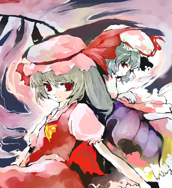 mo, shunsei (muratou), flandre scarlet, remilia scarlet, touhou, 2girls, alternate hair color, female focus, hat, mob cap, multiple girls, siblings, sisters