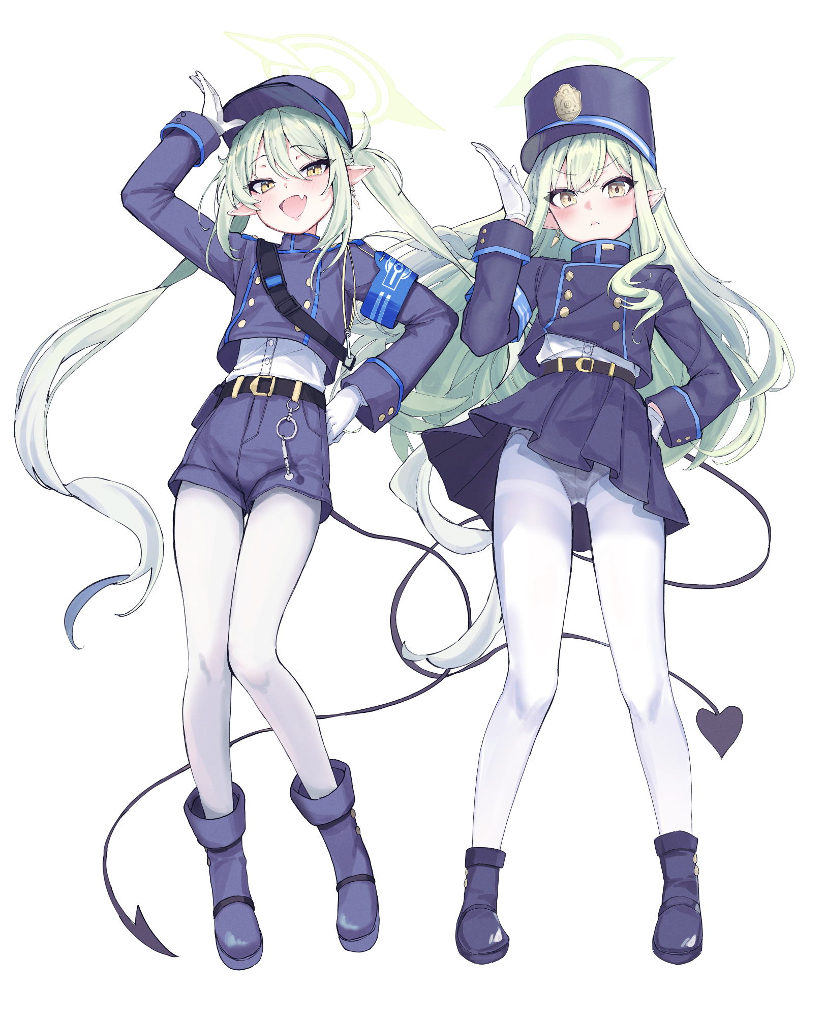 ahneato, hikari (blue archive), nozomi (blue archive), blue archive, highres, 2girls, armband, belt, black tail, blazer, blue armband, blush, boots, buttons, cameltoe, clothes lift, demon tail, double-breasted, fang, full body, gloves, green hair, green halo, halo, hand on own hip, hat, jacket, long hair, looking at viewer, miniskirt, multiple girls, panties, pantyhose, peaked cap, pleated skirt, pointy ears, shako cap, shorts, siblings, sisters, skin fang, skirt, skirt lift, smile, standing, tail, train conductor, twins, twintails, underwear, very long hair, white background, white gloves, white pantyhose, yellow eyes