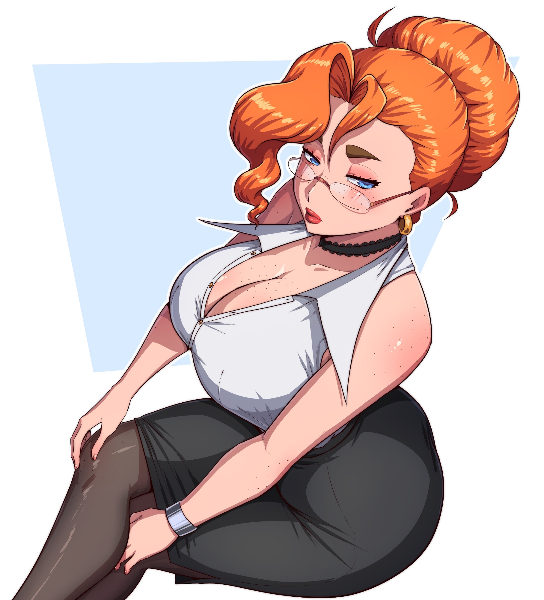 simmsy, highres, 1girl, black choker, black pantyhose, black skirt, blue eyes, bracelet, breasts, choker, cleavage, crossed legs, earrings, freckles, glasses, hair bun, jewelry, large breasts, office lady, orange hair, pantyhose, partially unbuttoned, pencil skirt, shirt, sitting, skirt, solo, white shirt