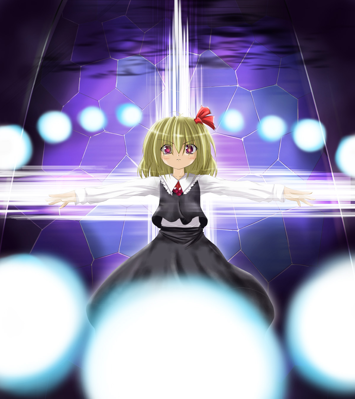 rumia, embodiment of scarlet devil, touhou, highres, 1girl, blonde hair, danmaku, female focus, outstretched arms, red eyes, solo, spread arms