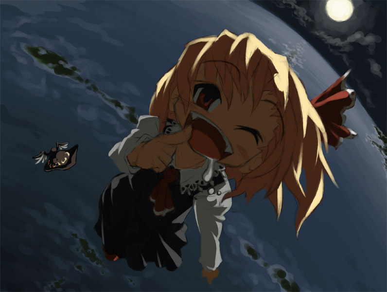 mystia lorelei, rumia, touhou, 2girls, blonde hair, fangs, female focus, flying, hat, moon, multiple girls, open mouth, red eyes, saliva