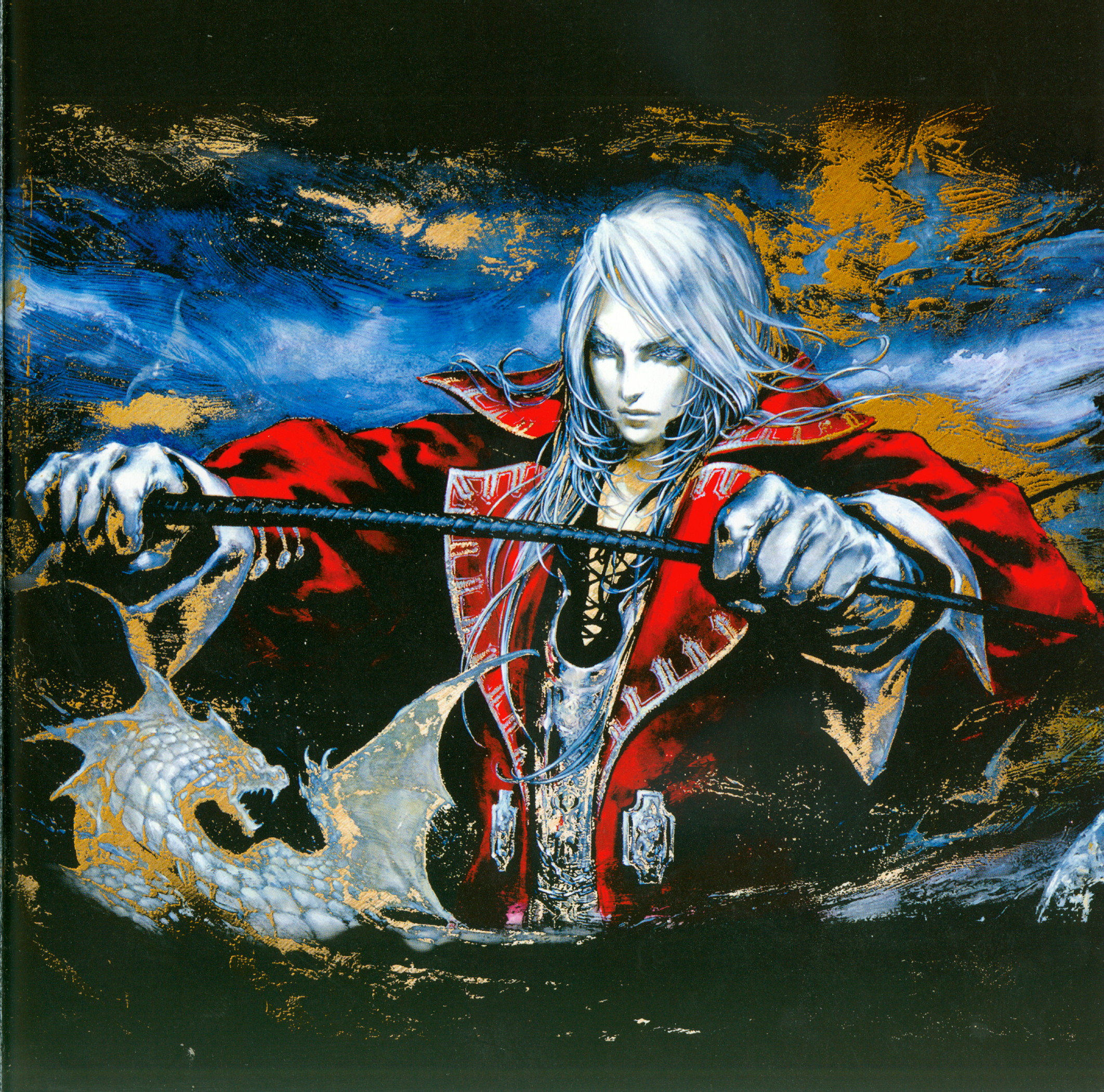 ayami kojima, kojima ayami, juste belmont, castlevania: harmony of dissonance, castlevania (series), konami, artbook, charcoal (medium), highres, official art, oil painting (medium), painting (medium), scan, traditional media, 1boy, colored eyelashes, eyelashes, male focus, monster, riding crop, solo, whip, white hair