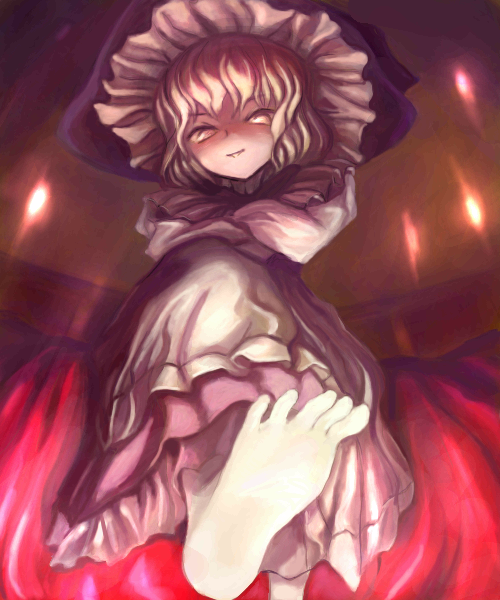oisin, kirisame marisa, touhou, 1girl, bad feet, barefoot, black hat, blonde hair, feet, female focus, foot focus, foreshortening, from below, hat, looking at viewer, smile, solo