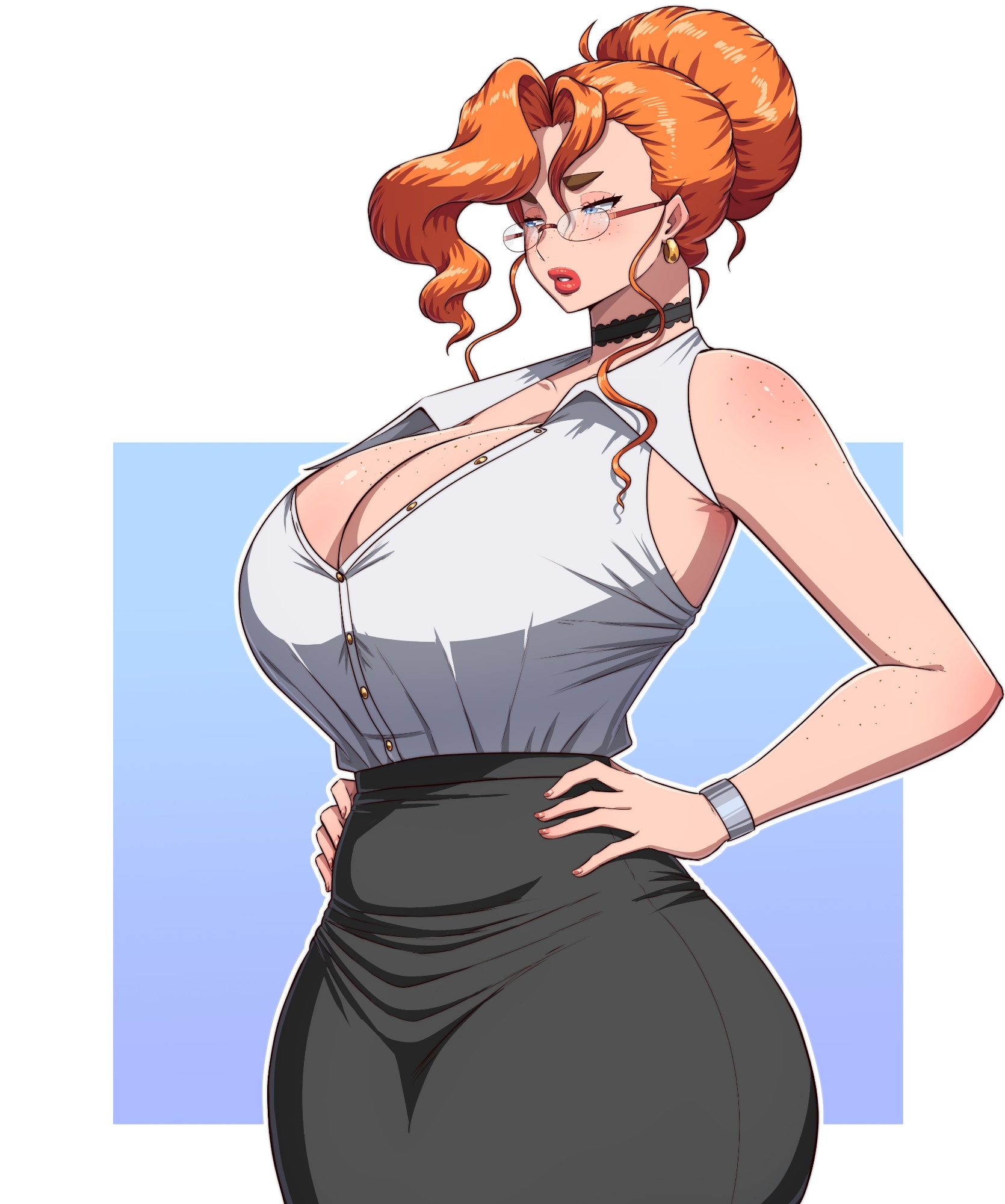 simmsy, highres, 1girl, bare shoulders, black choker, blue eyes, breasts, choker, cleavage, earrings, freckles, glasses, hair bun, hands on own hips, high-waist skirt, huge breasts, jewelry, mature female, office lady, orange hair, pencil skirt, shirt, shirt tucked in, skirt, sleeveless, solo, thick eyebrows