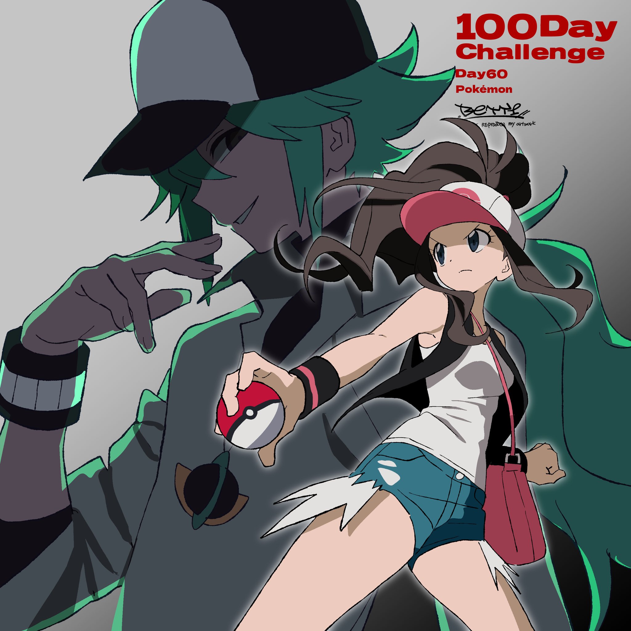 betti (xx betti), hilda (pokemon), n (pokemon), nintendo, pokemon, highres, 1boy, 1girl, bag, baseball cap, black vest, blue eyes, brown hair, clenched hand, closed mouth, denim, denim shorts, green hair, hand up, hat, high ponytail, holding, holding poke ball, long hair, poke ball, poke ball (basic), ponytail, shirt, short shorts, shorts, shoulder bag, sidelocks, sleeveless, smile, vest, white shirt, wristband