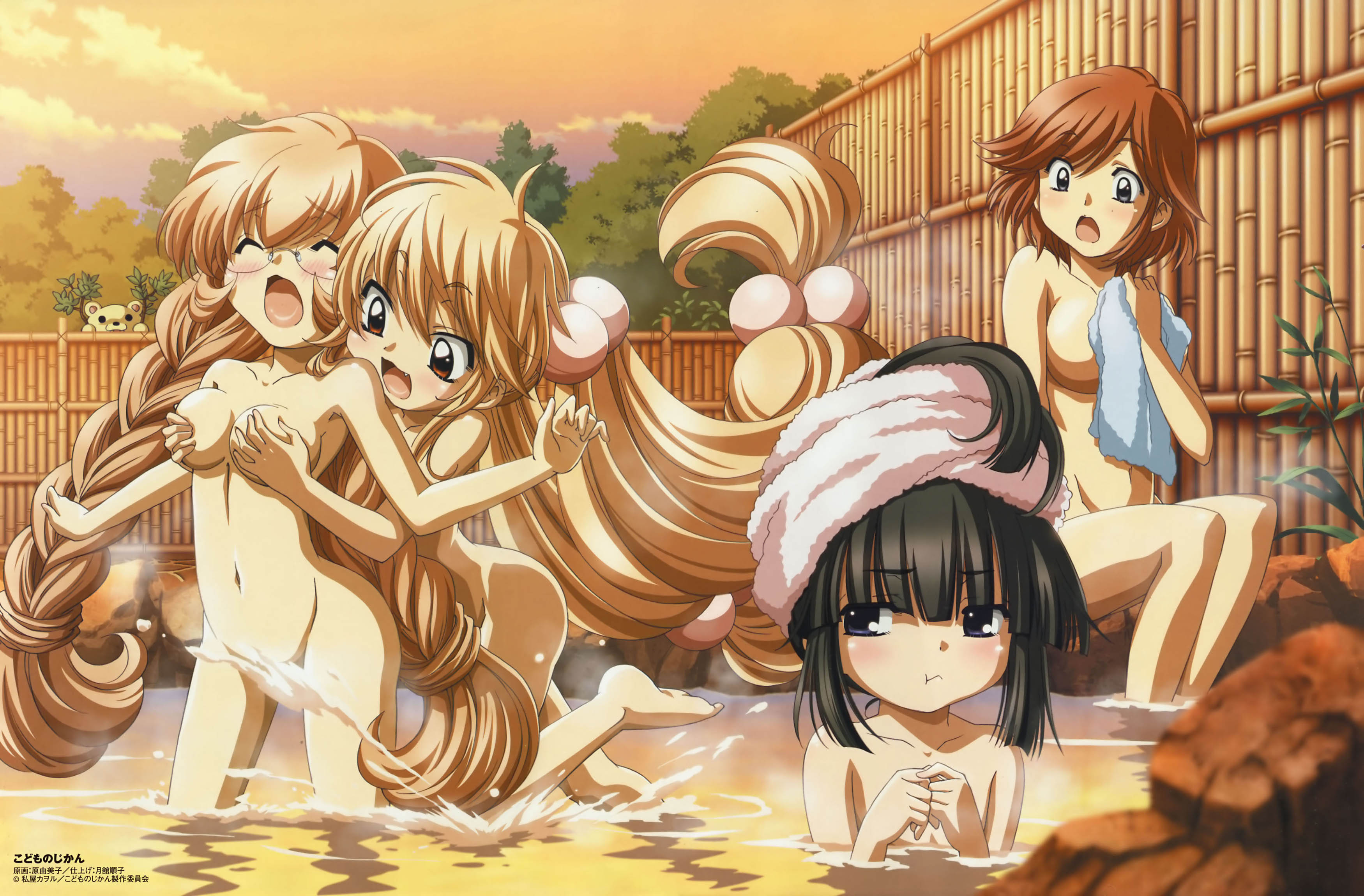 chakku (kodomo no jikan), houin kyouko, kagami kuro, kokonoe rin, usa mimi, kodomo no jikan, absurdres, highres, official art, 00s, 4girls, :d, :o, :t, bath, bathing, black hair, blonde hair, blush, braid, breasts, convenient censoring, fang, flat chest, glasses, grabbing from behind, groping, kodomo doushi, loli, long hair, looking at another, multiple girls, nude, onsen, open mouth, oppai loli, orange hair, outdoors, smile, surprised, towel, towel on head, very long hair, yuri