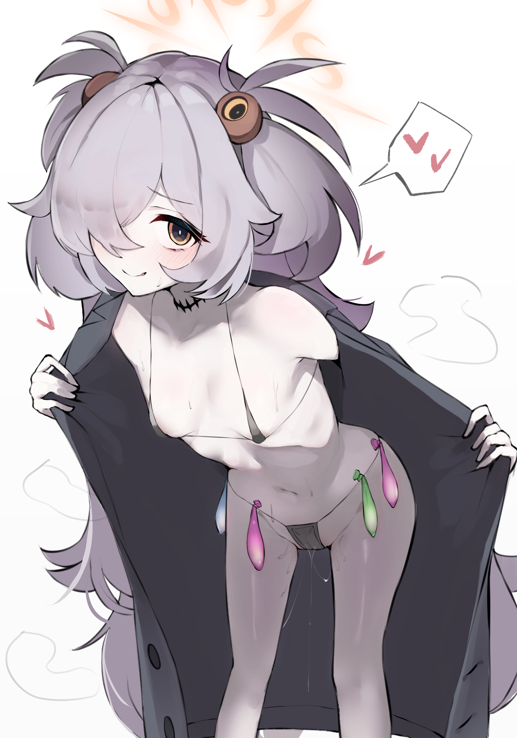 hetima0112, kanoe (blue archive), blue archive, fluffy hair, absurdres, highres, 1girl, bare shoulders, bikini, black coat, blush, breasts, brown eyes, brown halo, cameltoe, coat, condom, condom belt, feet out of frame, furrowed brow, hair between eyes, hair over one eye, halo, heart, leaning forward, loli, long hair, looking at viewer, messy hair, micro bikini, multiple condoms, naked coat, navel, one eye covered, open clothes, open coat, open mouth, pink hair, pussy juice, scar, scar on neck, small breasts, smile, solo, spoken heart, steaming body, string bikini, sweat, sweatdrop, swimsuit, thighs, two side up, used condom, very long hair, white background