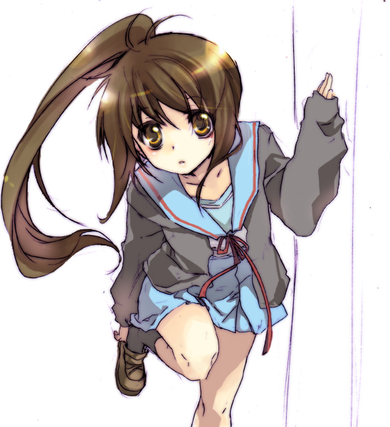 shima (6land), kyon, kyonko, suzumiya haruhi no yuuutsu, gender request, 00s, 1girl, cardigan, female focus, genderswap, ponytail, school uniform, serafuku, solo
