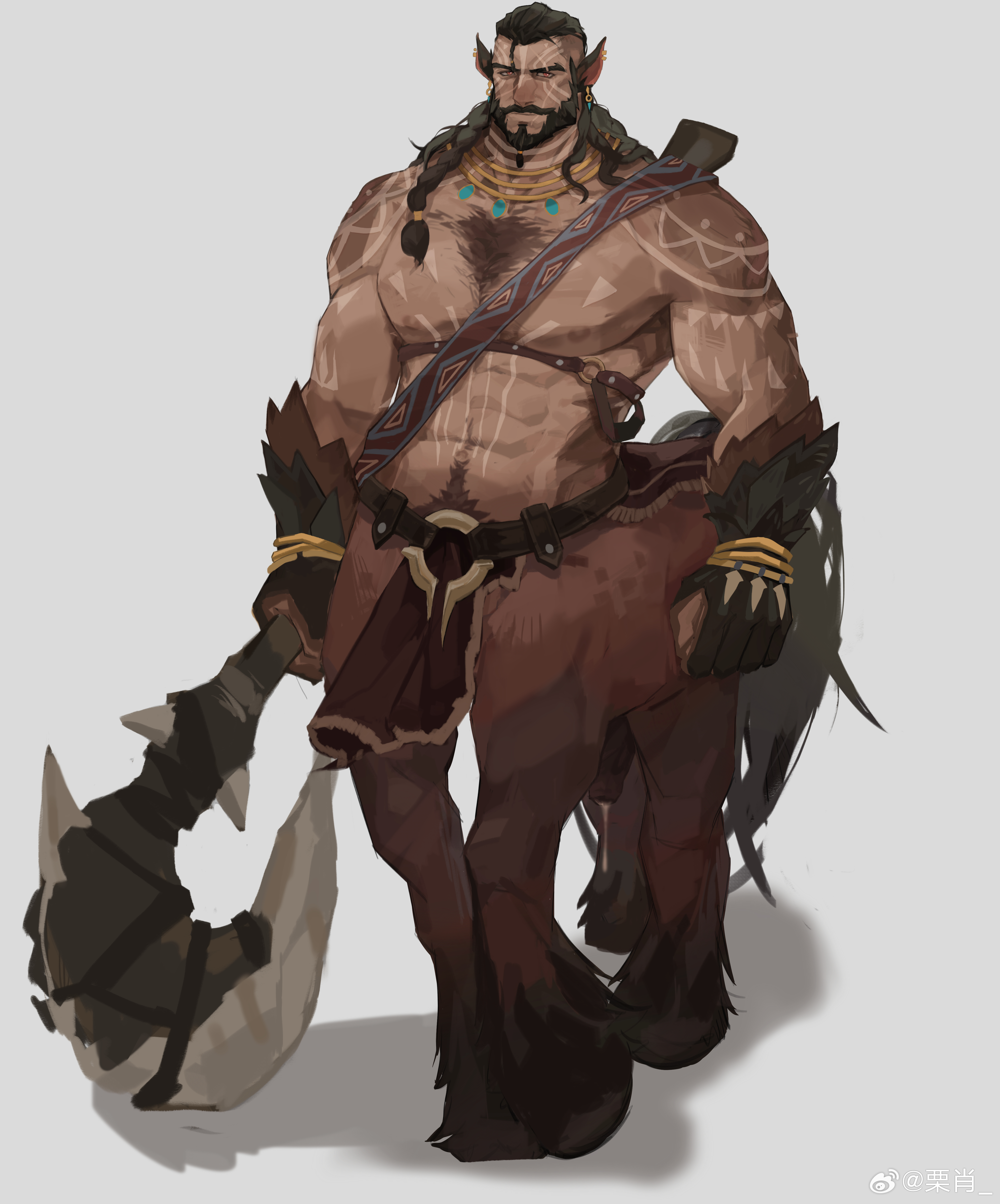 lixiao6342, afk (series), afk journey, absurdres, commentary, highres, 1boy, bara, bare pectorals, beard, biceps, black hair, braid, centaur, chest hair, closed mouth, dark-skinned male, dark skin, facial hair, holding, holding weapon, horse legs, horse tail, looking at viewer, male focus, muscular, muscular male, navel, nipples, pectorals, penis, precum, tail, taur, watermark, weapon, weibo watermark, zandrok (afk)