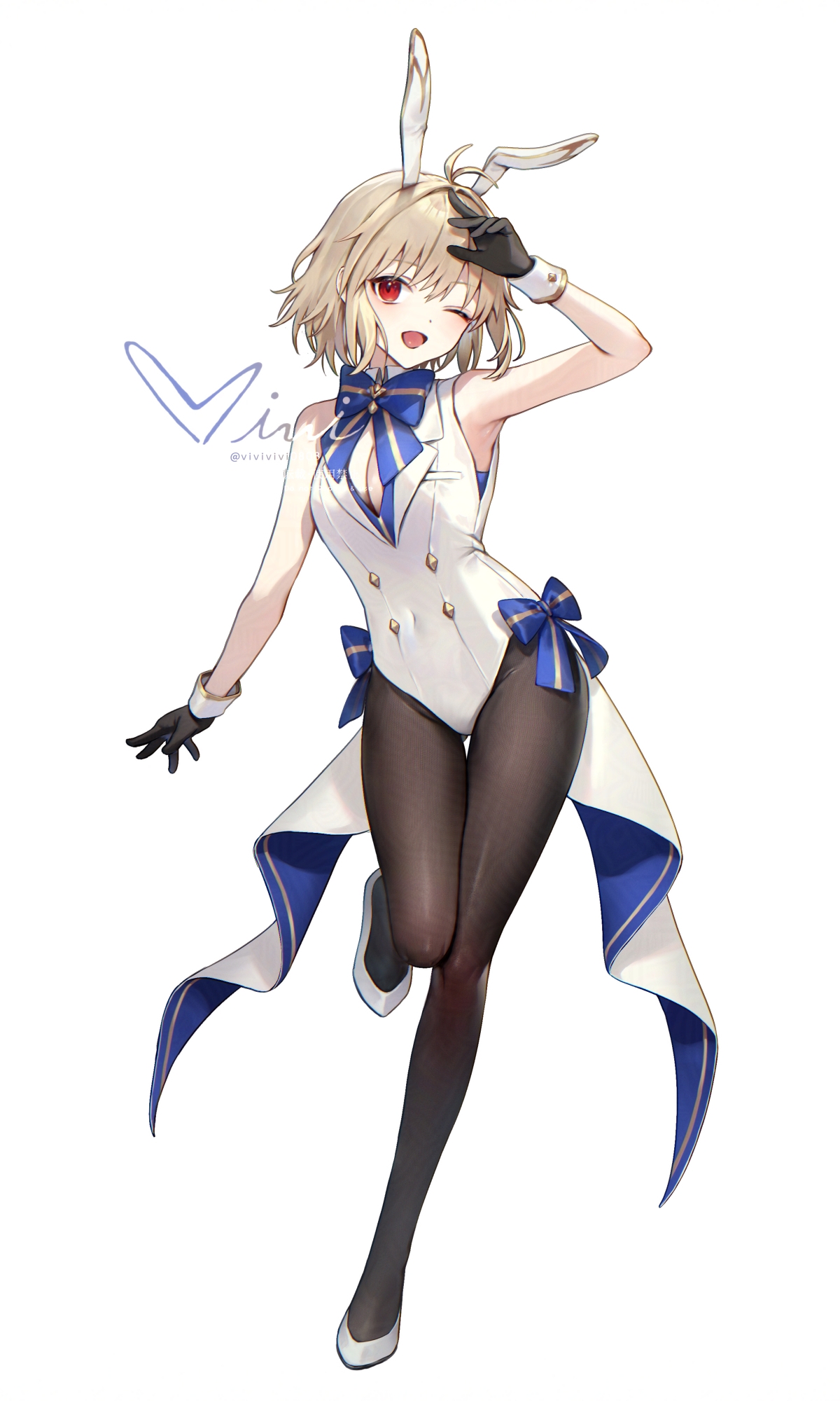 siiqa vivi, arcueid brunestud, fate/grand order, fate (series), highres, 1girl, animal ears, bare shoulders, blonde hair, blush, breasts, cleavage, fake animal ears, large breasts, leotard, looking at viewer, open mouth, pantyhose, playboy bunny, rabbit ears, red eyes, short hair, smile, solo, wrist cuffs