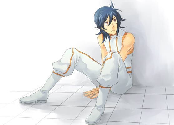 michael trinity, gundam, gundam 00, 00s, 1boy, blue hair, full body, male focus, solo