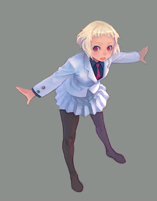 weno, original, blonde hair, full body, grey background, pantyhose, red eyes, short hair, simple background, solo