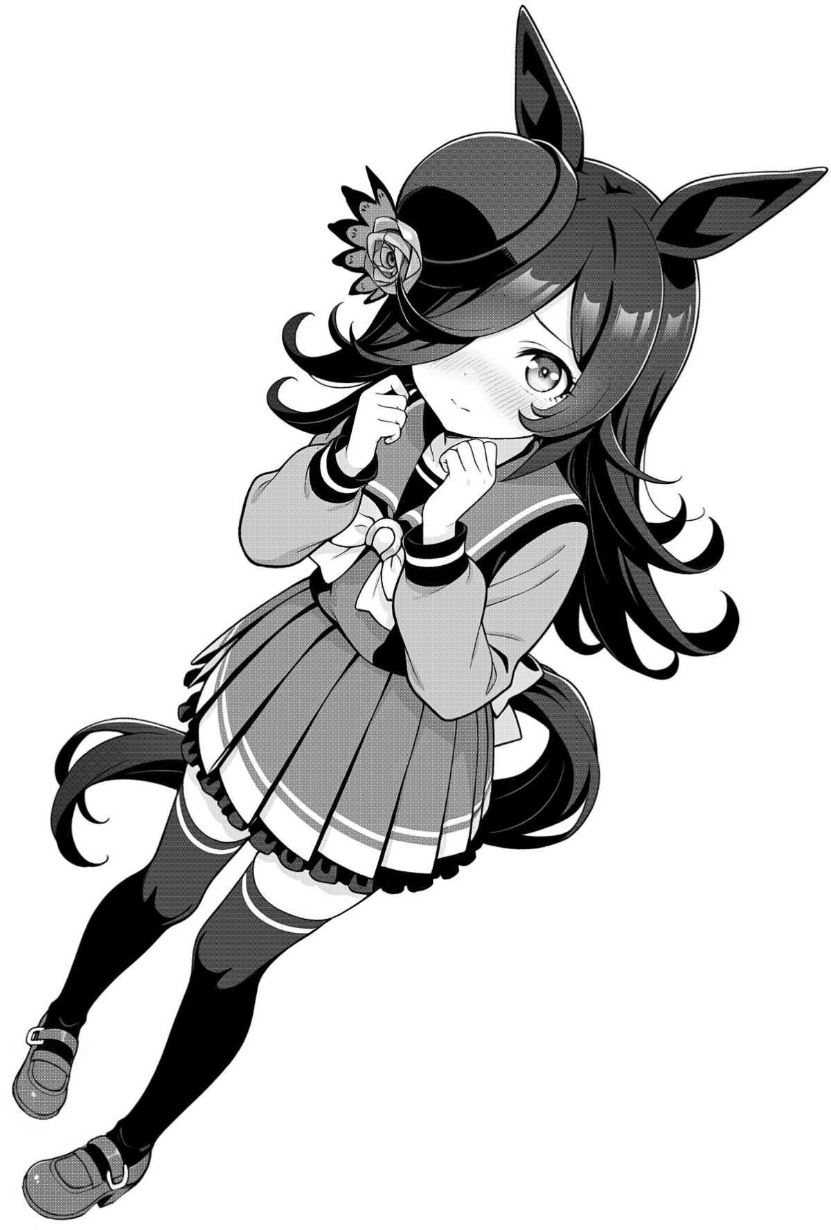 akagi koku, rice shower (umamusume), umamusume, commentary, highres, 1girl, animal ears, back bow, blush, bow, bowtie, closed mouth, frilled skirt, frills, full body, greyscale, hair over one eye, hands up, hat, horse ears, horse girl, horse tail, long hair, long sleeves, looking at viewer, monochrome, pleated skirt, sailor collar, school uniform, shirt, shoes, simple background, skirt, solo, standing, tail, thighhighs, tracen school uniform, white sailor collar, winter uniform, zettai ryouiki