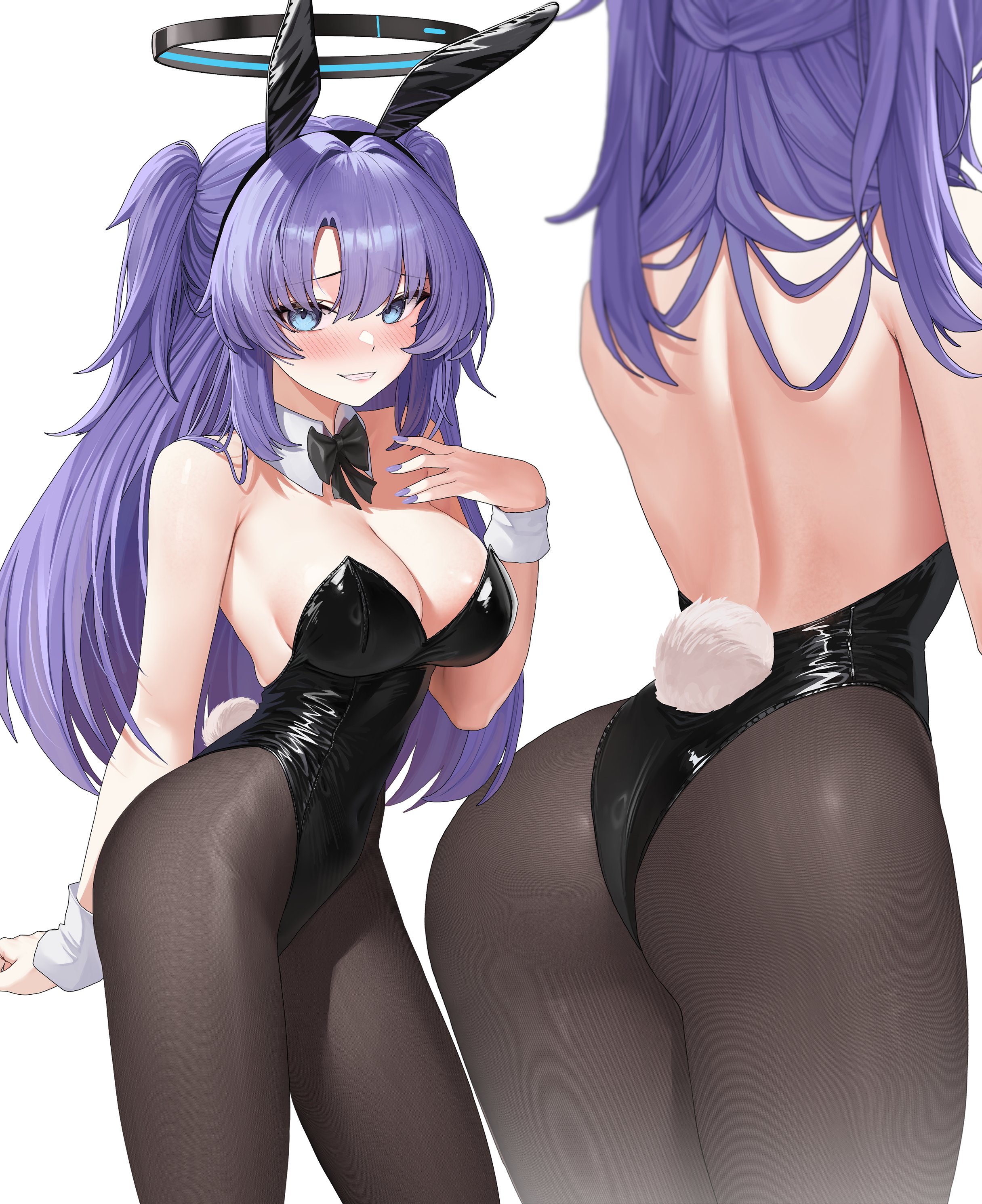 lp (lp0000 k), yuuka (blue archive), blue archive, absurdres, highres, 1girl, animal ears, ass, bare back, bare shoulders, black leotard, black pantyhose, breasts, fake animal ears, fake tail, halo, highleg, highleg leotard, leotard, long hair, medium breasts, pantyhose, playboy bunny, purple eyes, purple hair, rabbit ears, tail