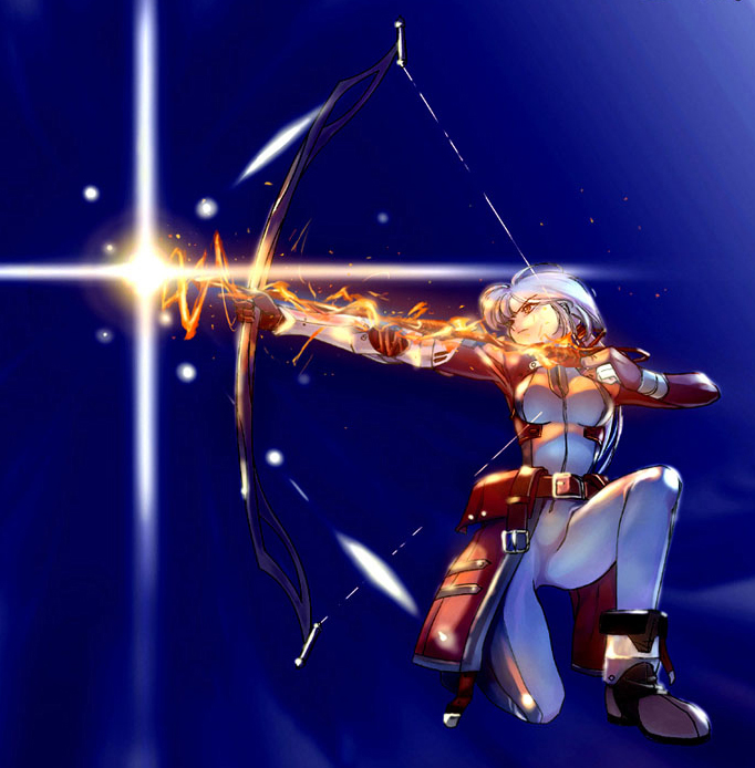 yangsion, archerko (himura kiseki), fate/stay night, fate (series), bad id, bad pixiv id, gender request, 00s, 1girl, blue bodysuit, blue hair, bodysuit, bow (weapon), female focus, genderswap, on one knee, solo, weapon