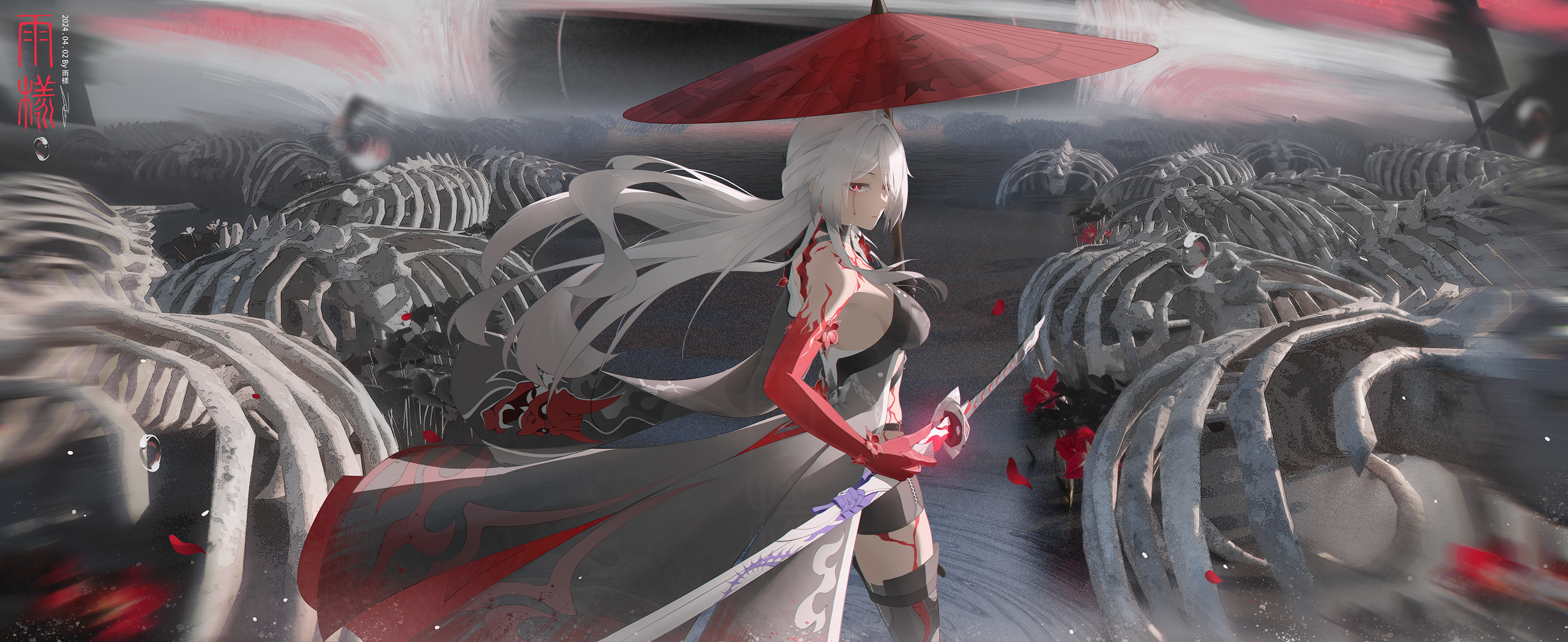 rain sama, acheron (honkai: star rail), honkai: star rail, honkai (series), absurdres, highres, 1girl, bare shoulders, black shorts, breasts, coattails, colored extremities, falling petals, floating hair, hair over one eye, holding, holding sword, holding umbrella, holding weapon, large breasts, looking back, missing commentary, official alternate color, official alternate eye color, official alternate hair color, oil-paper umbrella, pale skin, partially submerged, petals, red eyes, red hands, red umbrella, scabbard, sheath, shorts, skeleton, solo, sword, thighhighs, umbrella, weapon, white hair