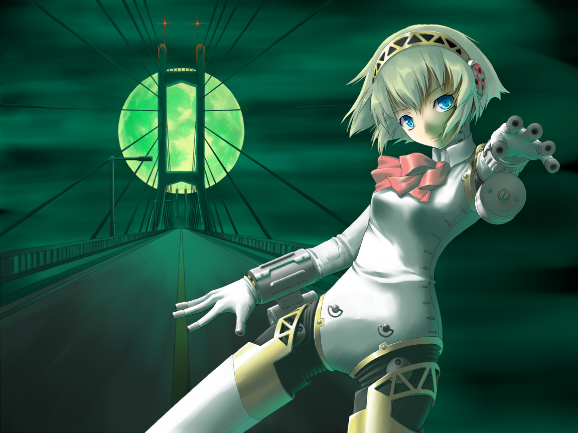 aigis (persona), atlus, persona, persona 3, bad id, bad pixiv id, android, blonde hair, blue eyes, bridge, full moon, moon, ribbon, solo