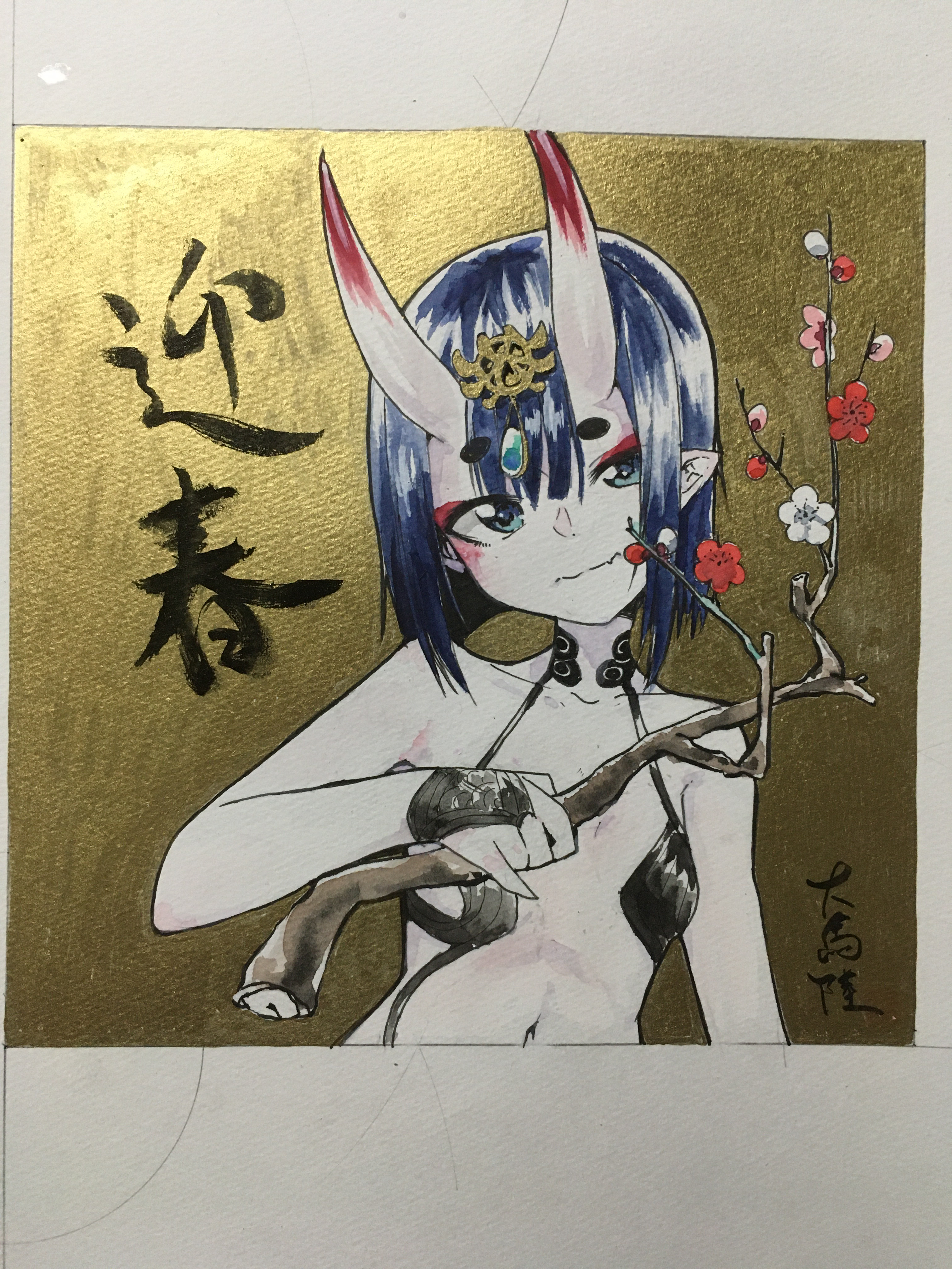 dai yasude, shuten douji (fate), fate/grand order, fate (series), absurdres, commentary request, highres, painting (medium), traditional media, watercolor (medium), 1girl, black hair, branch, breasts, flower, grey eyes, headpiece, holding, holding branch, horns, looking at viewer, oni, pointy ears, shikishi, short hair, skin-covered horns, small breasts, solo, upper body