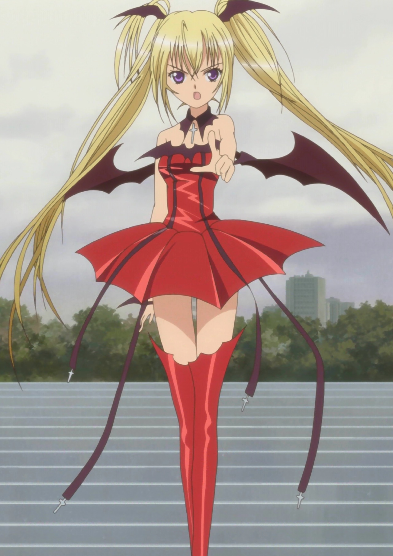 hoshina utau, lunatic charm, shugo chara!, anime screenshot, highres, stitched, third-party edit, angry, bare shoulders, bat wings, blonde hair, boots, cross, flat chest, goth fashion, head wings, latin cross, long hair, pointing, purple eyes, ribbon, skirt, solo, thigh boots, thighhighs, twintails, very long hair, wings, zettai ryouiki
