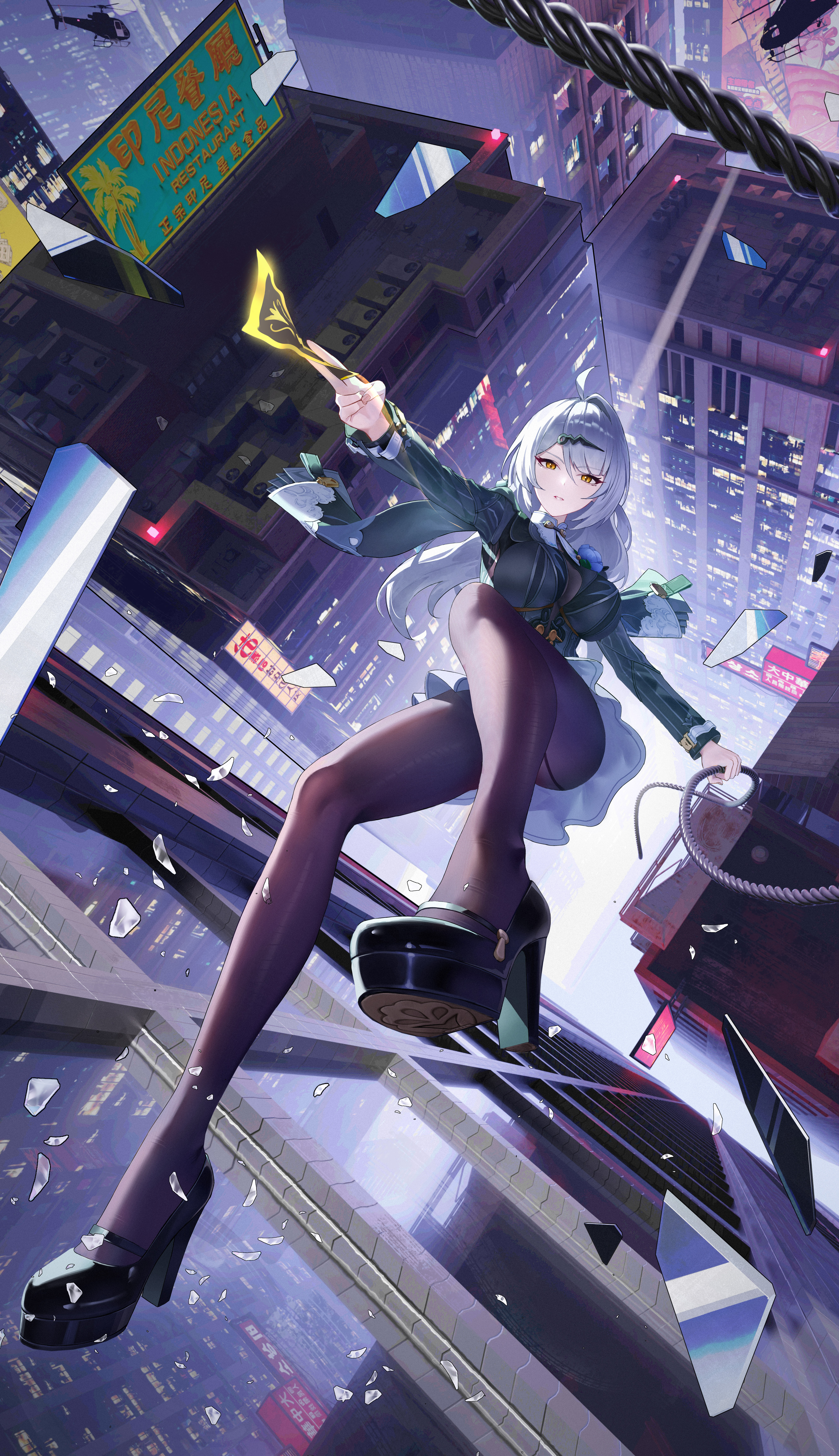 ajaz (artist), yixuan (trails of ink) (zenless zone zero), yixuan (zenless zone zero), zenless zone zero, absurdres, commentary, highres, 1girl, ahoge, aircraft, billboard, black pantyhose, black shirt, black shoes, block heels, breasts, broken glass, building, city, city lights, cityscape, cleavage, falling, floating hair, from above, full body, glass, glass shards, hair between eyes, hair ornament, helicopter, high heels, holding, holding ofuda, holding rope, large breasts, long hair, long sleeves, looking at viewer, night, official alternate costume, ofuda, outdoors, outstretched arm, pantyhose, parted lips, rope, see-through cleavage, see-through clothes, shirt, shoes, single hair intake, skirt, solo, talisman, thighs, very long hair, white hair, yellow eyes