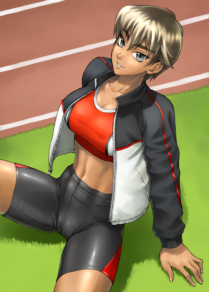 bang-you, original, 1girl, abs, bike shorts, blue eyes, bra, breasts, brown hair, cameltoe, female focus, french nails, grass, jacket, lingerie, midriff, muscular, navel, shiny skin, short hair, solo, spandex, sports bra, tomboy, toned, toned female, track and field, track jacket, two-tone sports bra, underwear