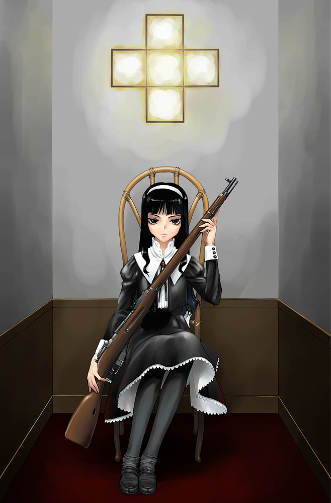bang-you, original, 1girl, black eyes, black hair, black pantyhose, bolt action, brown eyes, cross, female focus, goth fashion, gothic lolita, greek cross, gun, hairband, lolita fashion, long hair, mosin-nagant, pantyhose, rifle, sitting, solo, weapon
