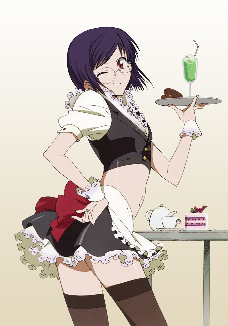 tieria erde, gundam, gundam 00, tengen toppa gurren lagann, third-party edit, 1boy, androgynous, cake, crossdressing, crossdressing (mtf), drink, food, glasses, ice cream, male focus, midriff, parody, pastry, purple hair, red eyes, short hair, solo, thighhighs, trap, waitress