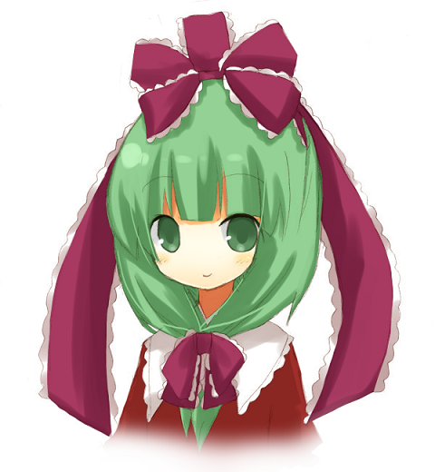 yuzuki (yuduame), kagiyama hina, touhou, bad id, bad pixiv id, 1girl, blush, collarbone, female focus, front ponytail, green eyes, green hair, looking at viewer, matching hair/eyes, no nose, portrait, ribbon, short hair, simple background, solo, white background
