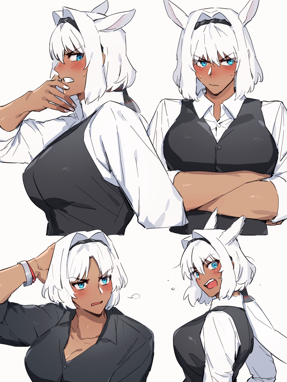 sabamori, caenis (fate), fate/grand order, fate (series), highres, 1girl, alternate costume, animal ears, black hairband, black shirt, black vest, blue eyes, blush, bracelet, breasts, cleavage, clenched teeth, closed mouth, collared shirt, crossed arms, dark-skinned female, dark skin, extra ears, hair intakes, hairband, hand on own head, hand to own mouth, horse ears, jewelry, long hair, low ponytail, multiple views, nail polish, open mouth, parted lips, ponytail, ponytail holder, puff of air, shirt, simple background, sleeves rolled up, sweat, teeth, vest, white background, white hair, white nails, white shirt