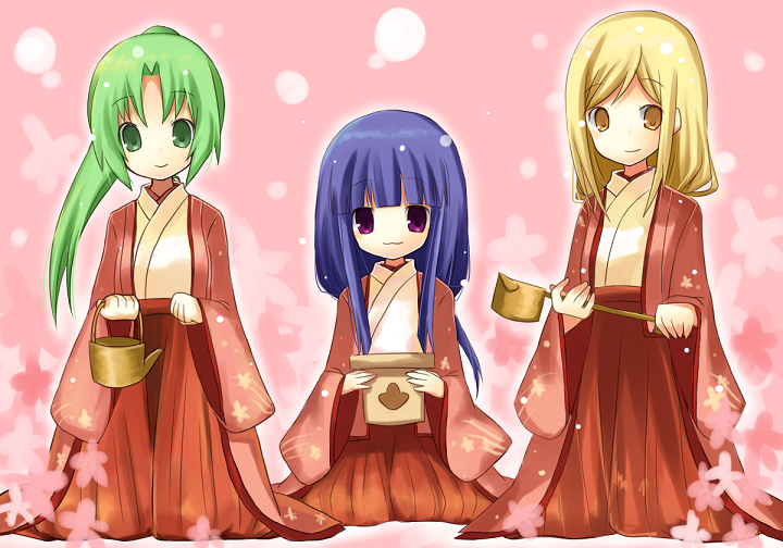 yuzuki (yuduame), furude rika, sonozaki mion, takano miyo, higurashi no naku koro ni, bad id, bad pixiv id, 00s, 3girls, blonde hair, green eyes, green hair, hakama, hakama skirt, haori, japanese clothes, kimono, kneeling, long hair, multiple girls, no pupils, pink background, purple eyes, purple hair, red hakama, seiza, sitting, skirt, yellow eyes