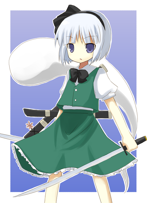 yuzuki (yuduame), konpaku youmu, konpaku youmu (ghost), touhou, bad id, bad pixiv id, 1girl, blue eyes, female focus, flower, hitodama, short hair, solo, sword, weapon, white hair