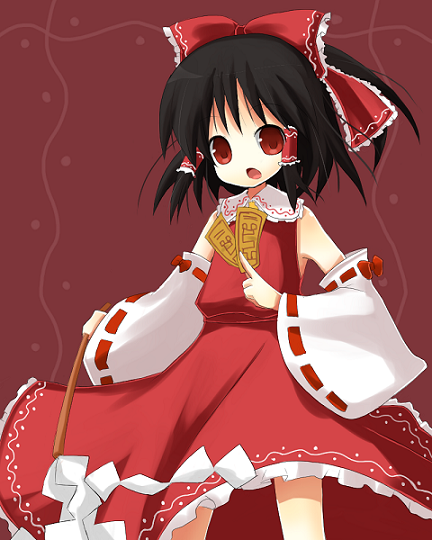 yuzuki (yuduame), hakurei reimu, imperishable night, touhou, bad id, bad pixiv id, 1girl, black hair, bow, dress, female focus, frills, gohei, ofuda, open mouth, red background, red bow, red dress, red eyes, short hair, solo