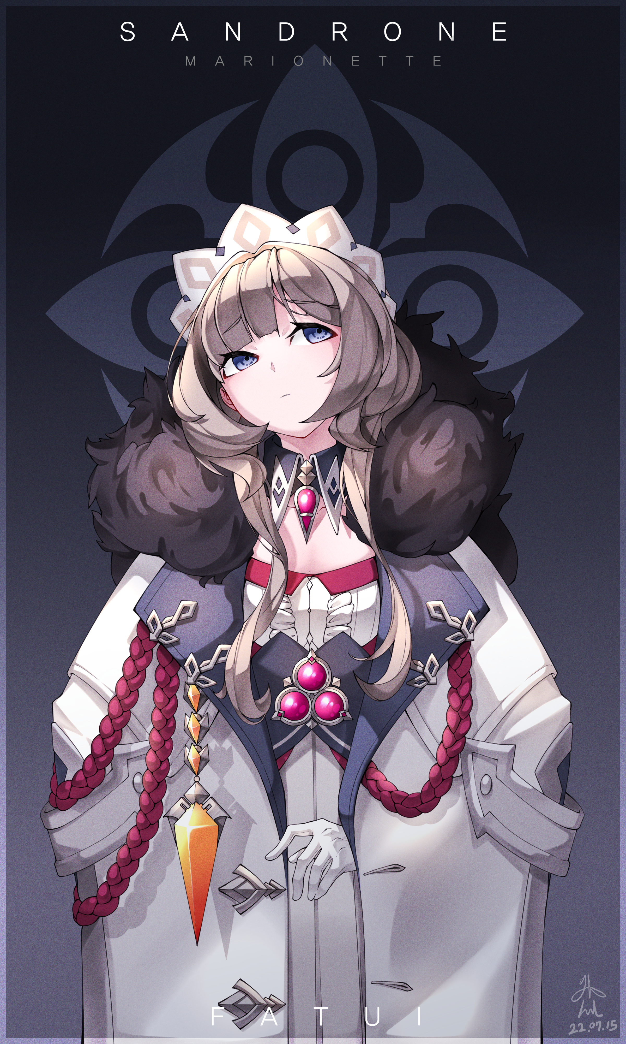 nakwang, sandrone (genshin impact), genshin impact, absurdres, highres, 1girl, breasts, brown eyes, brown hair, closed mouth, coat, dress, frilled dress, frills, fur-trimmed coat, fur trim, gloves, long sleeves, medium breasts, medium hair, solo, white coat, white gloves