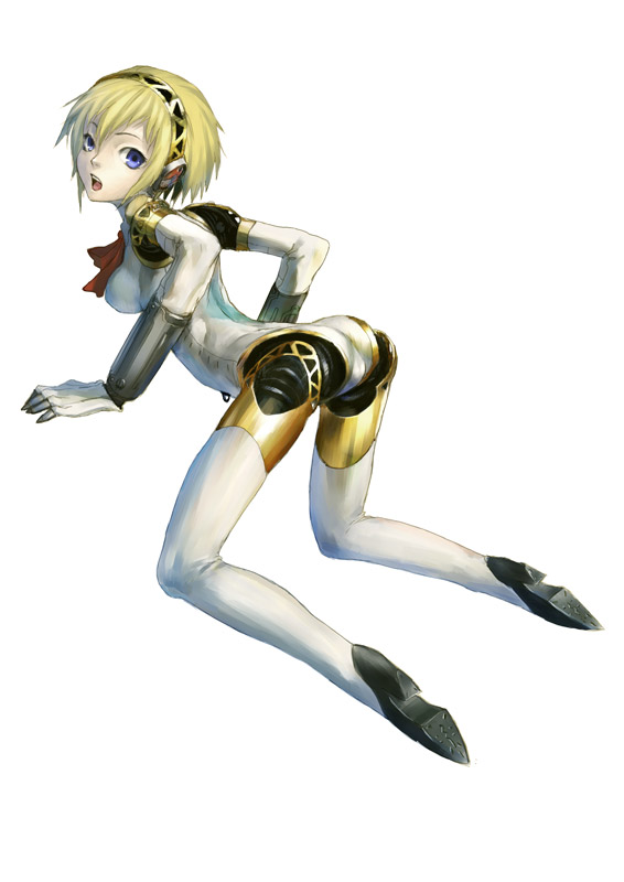 redjuice, aigis (persona), atlus, persona, persona 3, 1girl, android, ass, bent over, blonde hair, blue eyes, bow, female focus, joints, ribbon, robot, robot joints, short hair, solo