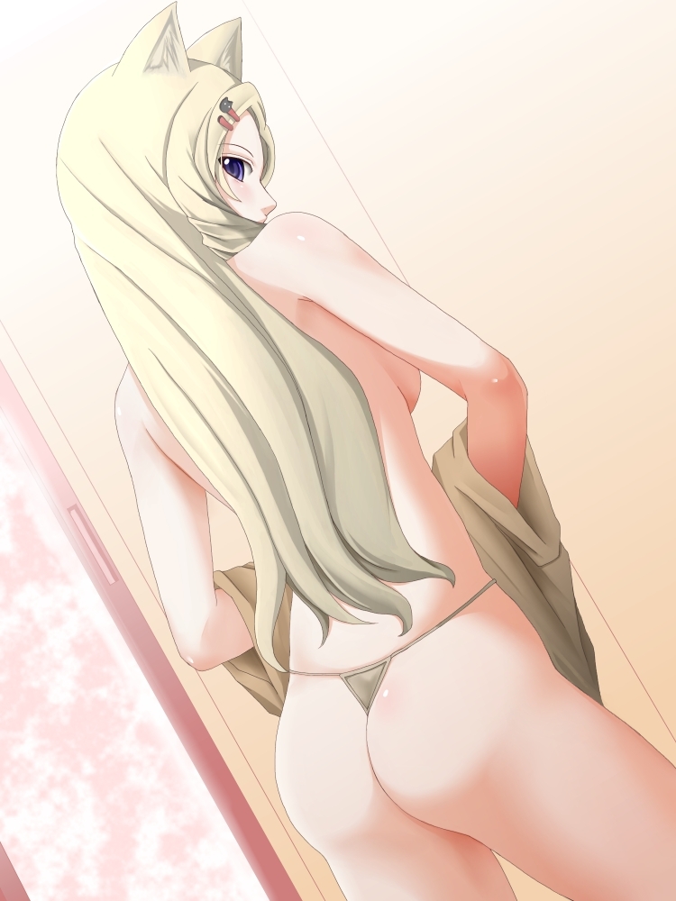 chemical-x, 1girl, animal ears, ass, blonde hair, blue eyes, breasts, female focus, medium breasts, no bra, panties, sideboob, solo, thong, underwear, undressing