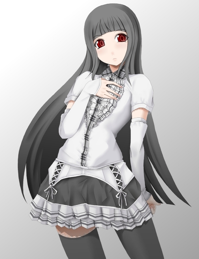 chemical-x, 1girl, black hair, female focus, long hair, red eyes, skirt, solo, thighhighs
