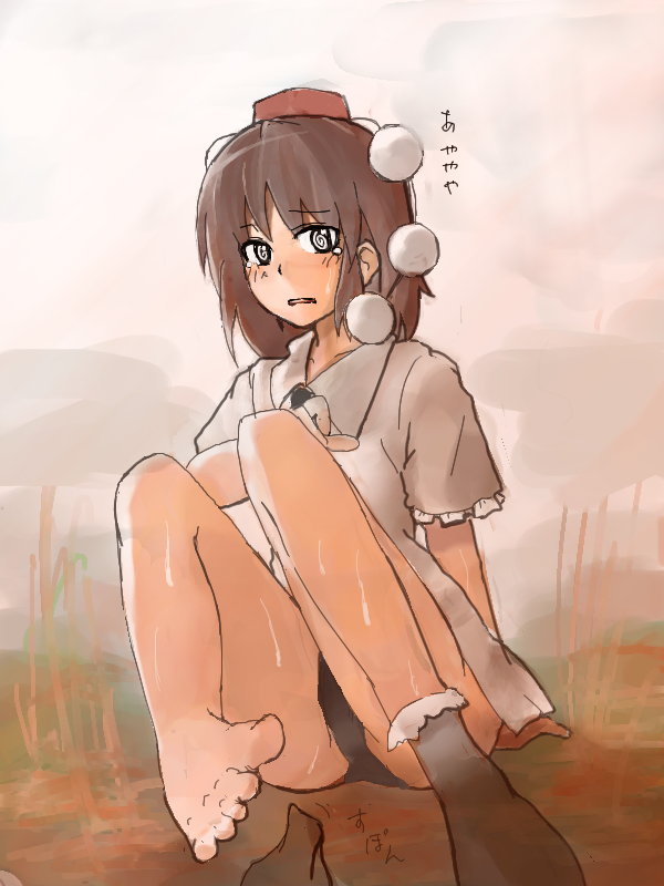 shameimaru aya, touhou, 1girl, ayaya~, bad anatomy, bad feet, barefoot, blush, embarrassed, feet, female focus, hat, looking at viewer, open mouth, panties, poorly drawn, shoes, single shoe, solo, underwear
