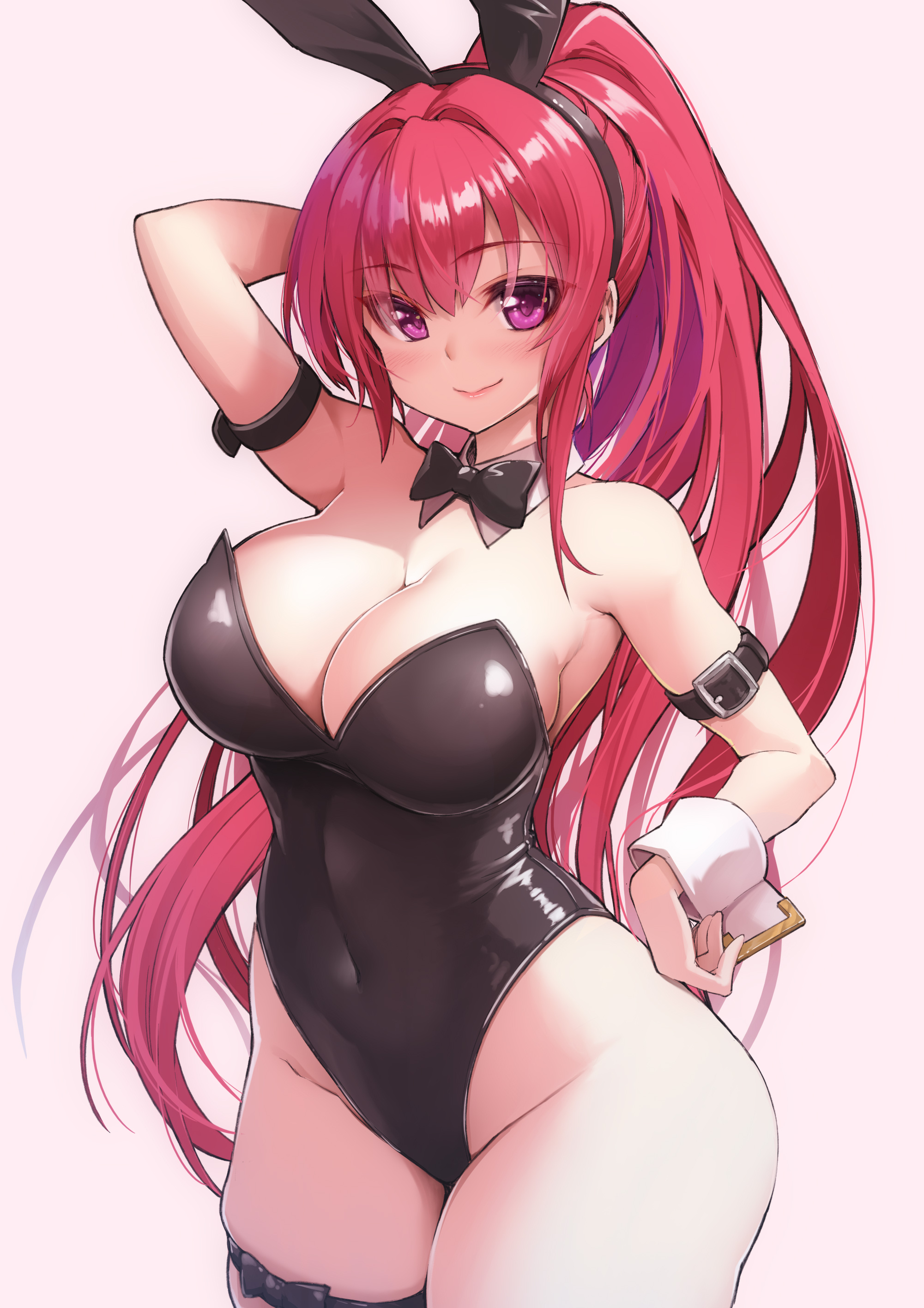 kintarou (kintarou's room), cattleya (flower knight girl), flower knight girl, absurdres, highres, 1girl, animal ear hairband, animal ears, armband, bare legs, black bow, black bowtie, black leotard, bow, bowtie, breasts, cleavage, detached collar, fake animal ears, hairband, hand on own hip, large breasts, leotard, long hair, playboy bunny, ponytail, rabbit ears, red eyes, red hair, solo, strapless, strapless leotard, thigh strap, wrist cuffs