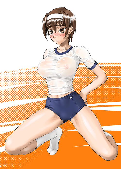bang-you, kashiwagi azusa, kizuato, 1girl, blush, breasts, brown eyes, brown hair, buruma, covered erect nipples, female focus, gym uniform, hairband, headband, large breasts, see-through clothes, shiny skin, short hair, socks, solo, sweat