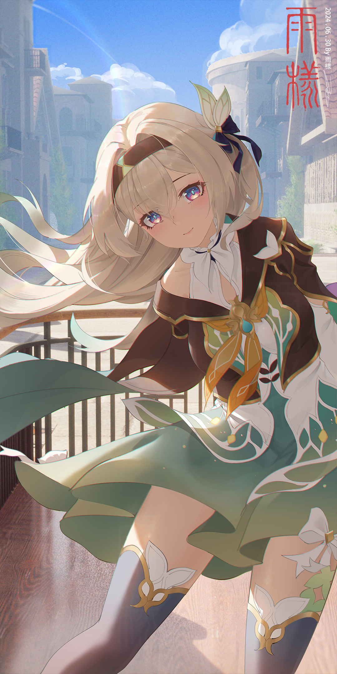 rain sama, firefly (honkai: star rail), stelle (honkai: star rail), trailblazer (honkai: star rail), honkai: star rail, honkai (series), highres, 1girl, 2024, arms behind back, black bow, black hairband, black jacket, blue eyes, blush, bouquet, bow, bowtie, chair, collar, cowboy shot, cropped jacket, dated, flower, frilled shirt collar, frills, gradient hair, green hair, green pupils, green skirt, green thighhighs, hair between eyes, hair bow, hairband, head tilt, jacket, looking at viewer, missing commentary, multicolored eyes, multicolored hair, official art inset, outdoors, pink eyes, shirt, skirt, smile, solo, table, thighhighs, white hair, white shirt, yellow bow, yellow bowtie