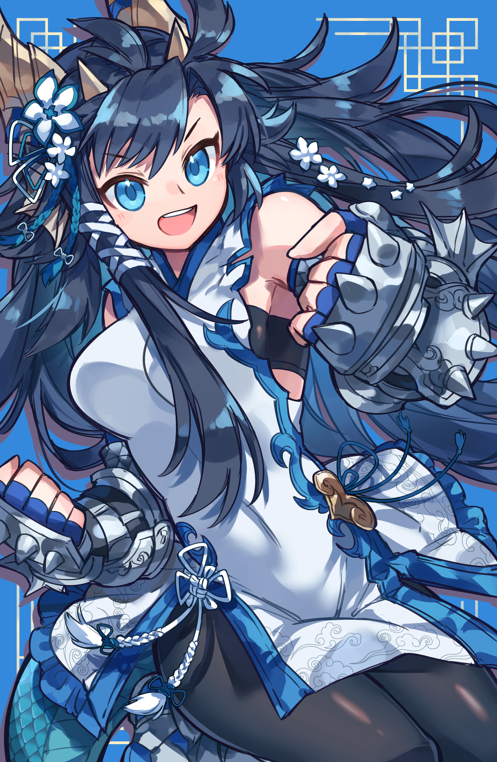 kuuron (moesann17), karin (p&d), puzzle & dragons, absurdres, highres, 1girl, bare shoulders, blue eyes, blue hair, breasts, china dress, chinese clothes, covered navel, dragon girl, dragon horns, dragon tail, dress, fingerless gloves, fins, flower, gloves, hair flower, hair ornament, head fins, horns, long hair, open mouth, pantyhose, smile, solo, spiked gauntlets, spiked knuckles, tail, teeth, upper teeth only