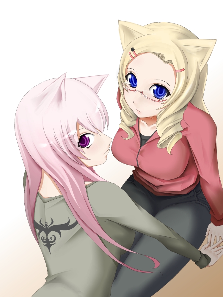chemical-x, 2girls, animal ears, blonde hair, blue eyes, glasses, multiple girls, purple eyes