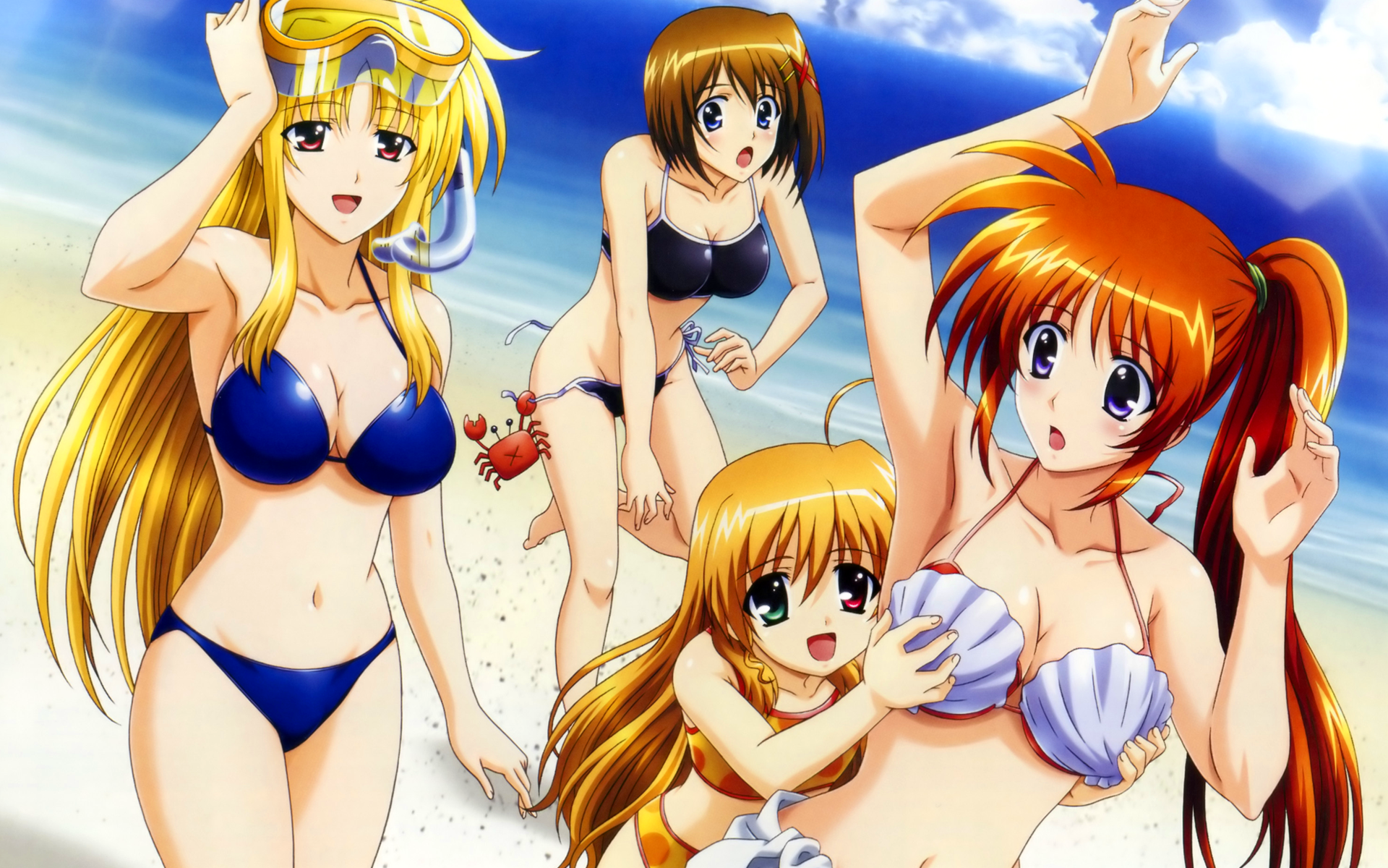 okuda yasuhiro, fate testarossa, takamachi nanoha, vivio, yagami hayate, lyrical nanoha, mahou shoujo lyrical nanoha, mahou shoujo lyrical nanoha strikers, highres, official art, official wallpaper, 00s, 4girls, :d, :o, age difference, ahoge, arm up, armpits, arms up, barefoot, beach, bikini, bikini pull, blonde hair, blue bikini, blue eyes, blush, breasts, brown hair, cleavage, clothes around waist, clothes pull, cloud, crab, crustacean, day, diving mask, dutch angle, flat chest, goggles, grabbing another's breast, grabbing from behind, green eyes, groin, groping, hair ornament, hairclip, heterochromia, large breasts, leaning forward, leg lift, lens flare, long hair, multiple girls, ocean, open mouth, orange hair, outdoors, parted bangs, polka dot, polka dot bikini, polka dot swimsuit, ponytail, pulling another's clothes, purple eyes, red bikini, red eyes, red hair, scrunchie, shell, shell bikini, short hair, side-tie bikini bottom, side ponytail, sidelocks, sky, smile, snorkel, sports bikini, standing, standing on one leg, surprised, surprised arms, sweater, sweater around waist, swimsuit, tankini, untied bikini, very long hair, wardrobe malfunction, x hair ornament, x mouth, yellow bikini