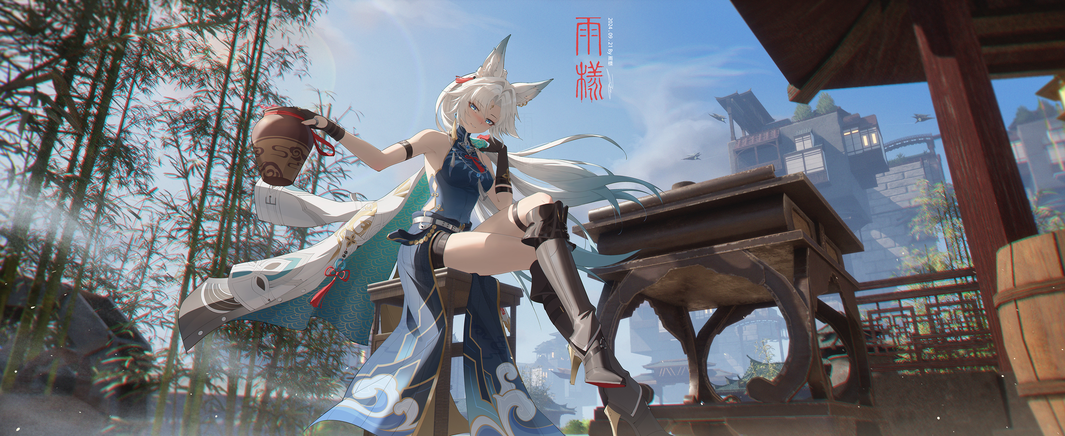 rain sama, feixiao (honkai: star rail), honkai: star rail, honkai (series), absurdres, highres, 1girl, animal ear fluff, animal ears, bare shoulders, belt, black boots, black gloves, black shorts, blue eyes, blue shirt, blue sky, blush, boots, breasts, chinese text, chromatic aberration, clothes around waist, coat, crossed legs, dated, day, drunk, eyeliner, forehead jewel, fox ears, fox girl, gloves, holding, holding coat, holding jar, holding unworn clothes, jar, knee boots, linea alba, logo, looking at viewer, makeup, medium breasts, missing commentary, outdoors, parted bangs, red eyeliner, shirt, shorts, sidelocks, sitting, sky, smile, solo, thighs, unworn coat, white belt, white coat, white hair