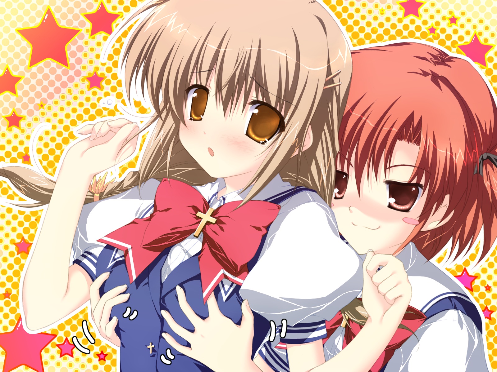 lyrical lyric, game cg, highres, tagme, 2girls, :3, breasts, grabbing another's breast, groping, multiple girls, yuri